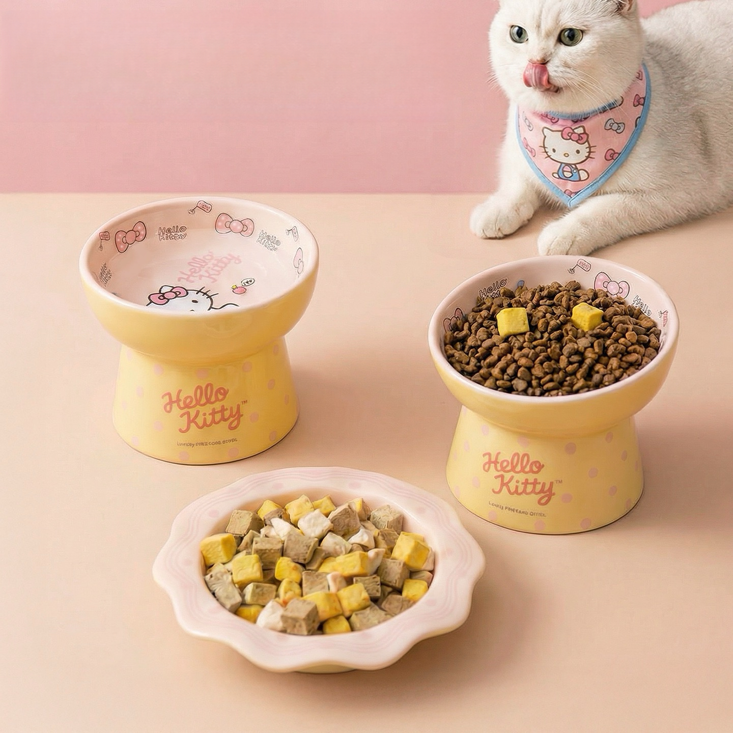 猫碗陶瓷高脚护颈猫食盆不易打翻防黑下巴平口碗童趣成猫幼猫饭碗