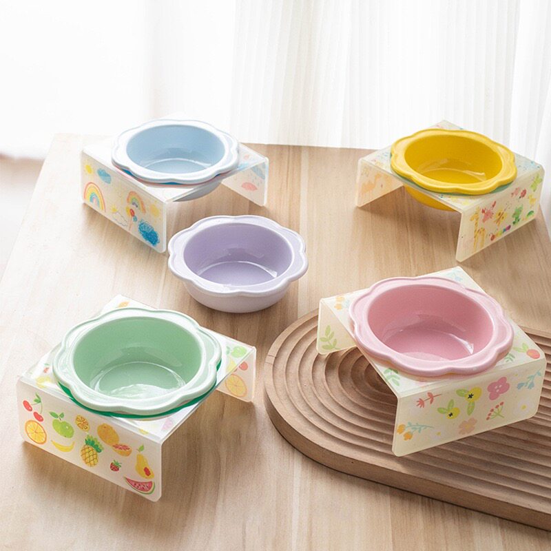 卡通宠物碗亚克力架花朵陶瓷猫碗增高餐桌猫狗单碗托架护颈防打翻