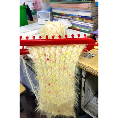 毛茸茸黄色手工diy温暖毛线长毛烟波蓝手围巾手混线编织棒针渐变