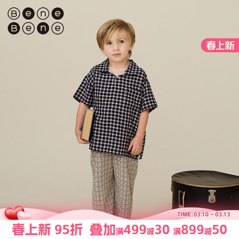 benebene纯棉印花休闲长裤春夏新款宽松舒适透气男女童阔腿裤子薄