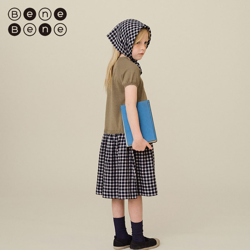 benebene拼接假两件连衣裙春夏新款短袖纯棉中长款裙子女童混纺裙