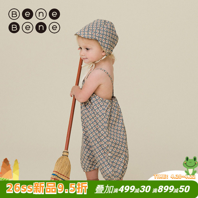 benebene复古印花纯棉吊带大屁屁裤新生婴儿春夏清凉背带裤开裆裤