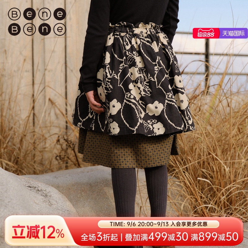 benebene灯芯绒A字版半身裙秋冬新款女童及膝裙婴儿女宝印花裙子