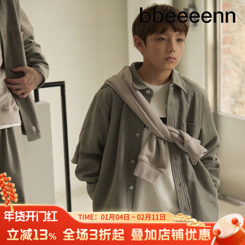 bbeeeenn亲子简约毛呢夹克男女同款中大童加厚衬衫休闲保暖短外套