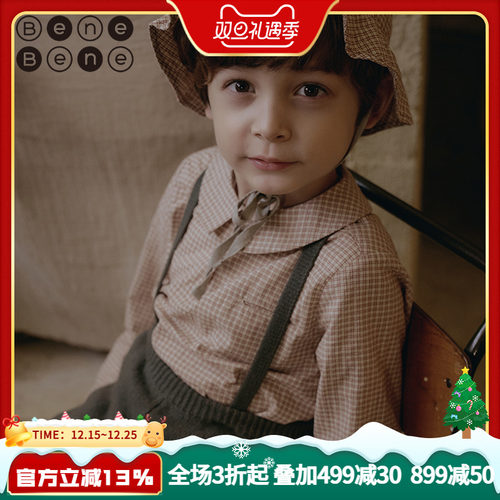 benebene格纹纯棉休闲衬衫