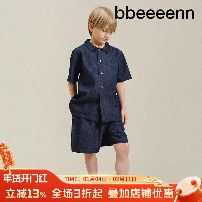 bbeeeenn牛仔短袖衬衫短裤套装夏男女儿童舒适高级感上衣裤子套装