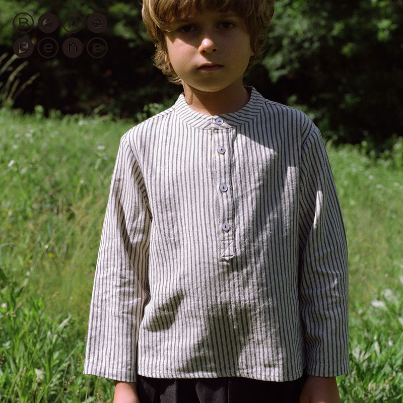 benebene棉麻条纹亨利领衬衣春夏新款婴儿男女童长袖衬衫