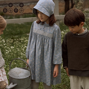 benebene韩国童装秋季新款女童娃娃领全棉碎花泡泡长袖连衣裙