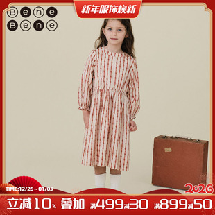benebene复古条纹纯棉连衣裙秋冬新女童长袖 超仙A字裙子小众设计