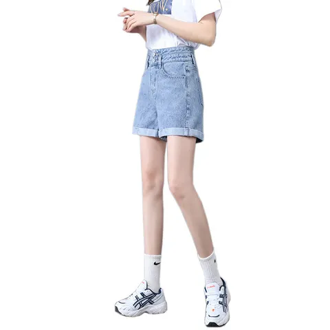 显瘦a字薄款阔腿裤超高腰热裤牛仔短裤ins夏季卷边百搭双扣女宽松