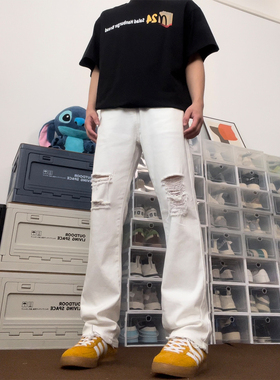 布老哥Blog美式高街薄款白色破洞牛仔裤窄版毛边微弹直筒裤子K617