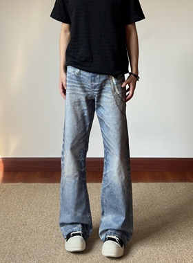 布老哥Blog美式复古3D裤链印花牛仔裤宽松水洗微喇直筒长裤K771