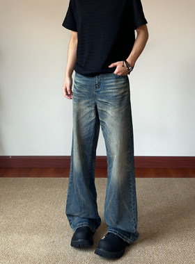 布老哥Blog美式复古手擦猫须牛仔裤宽松cleanfit直筒长裤子K776
