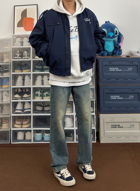 布老哥Blog美式复古藏青色飞行夹克简约宽松叠穿微短款外套秋W178