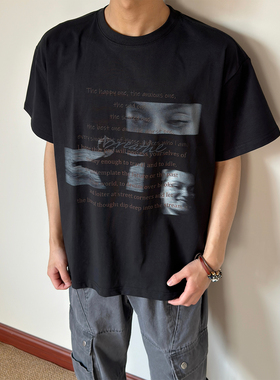 布老哥Blog夏季美式复古个性印花圆领短袖宽松百搭通勤T恤D210