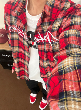 布老哥Blog美式复古个性红色格子衬衫短袖字母刺绣上衣宽松W905