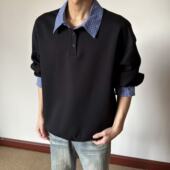 布老哥Blog秋季 显白假两件格纹polo衫 显高简约通勤撞色卫衣W534