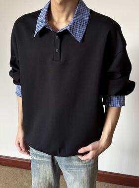 布老哥Blog秋季显白假两件格纹polo衫显高简约通勤撞色卫衣W534