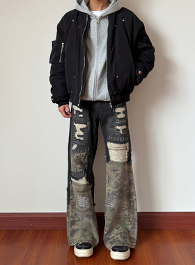 布老哥Blog美式复古重工迷彩牛仔水洗做旧破洞宽松微喇直筒裤K708