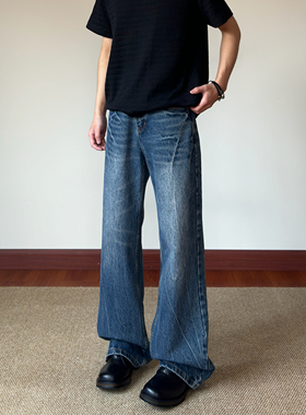 布老哥Blog 国潮街头水洗闪电纹压褶微喇牛仔裤百搭神裤男生K606