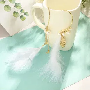 新款简约长款奢华贵气飘逸羽毛珍珠耳挂时尚仙气精灵耳饰277