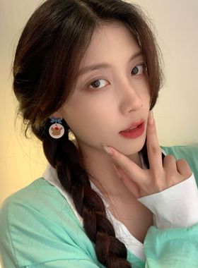 H50新款蓝色蝴蝶结小熊耳钉 ins风卡通可爱滴油撞色耳环耳饰653