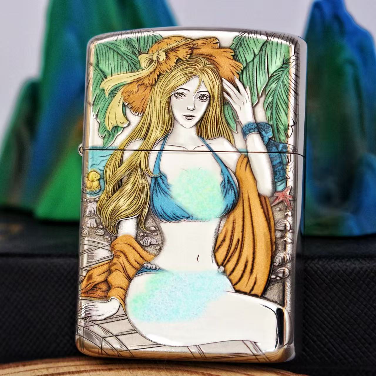 【鹰皇】正版沙滩美女二代防风打火机白铜浮雕钛彩抛光佐罗性感