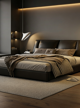 意式极简真皮床现代简约1米8主卧软包实木床高端大气黑色储物婚床
