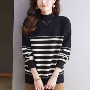 胖妈妈宽松内搭洋气打底上衣 新款 半高领羊毛衫 女针织条纹毛衣冬季