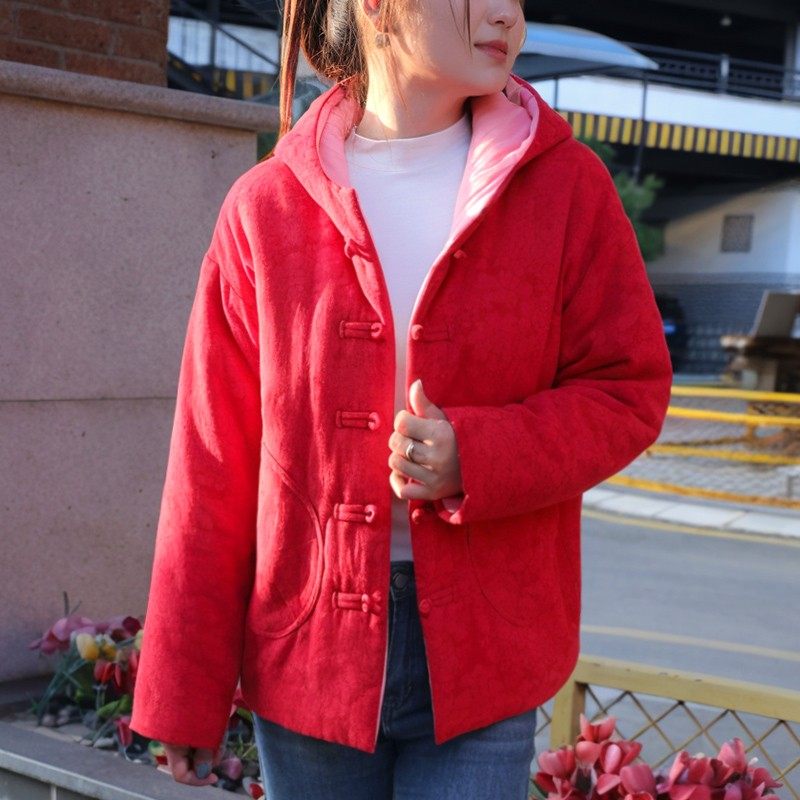纯棉花棉袄女新中式盘扣外穿加厚保暖宽松外套连帽棉衣冬季新年装