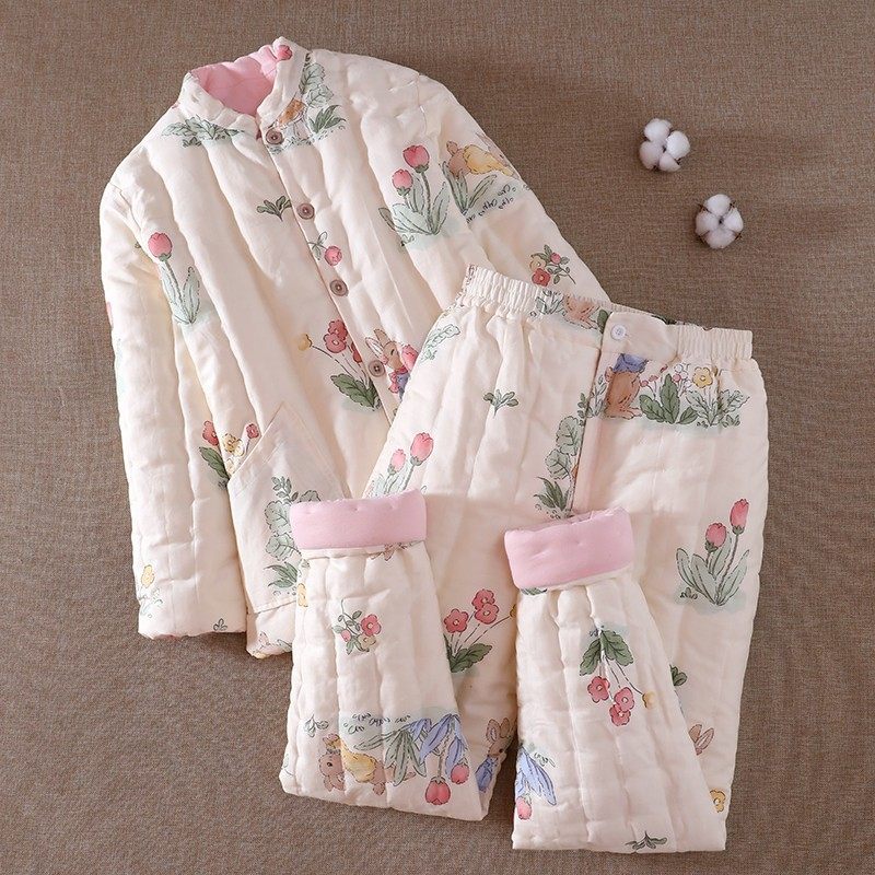 纯棉花手工棉衣女士棉袄棉裤加厚保暖抗寒居家宽松碎花套装冬季