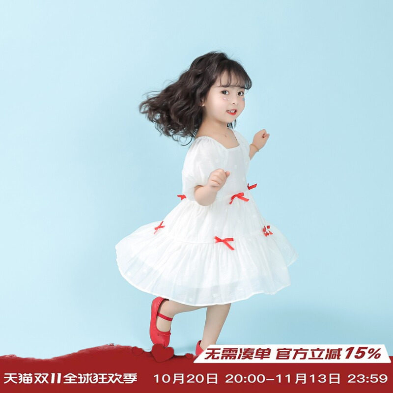 女童方领蝴蝶结连衣裙夏季2026新款儿童简约洋气女宝宝短袖裙子潮