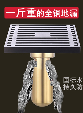方形淋浴防臭地漏黑色全黄铜洗衣机两用弯头纯铜拉丝加厚深水封芯