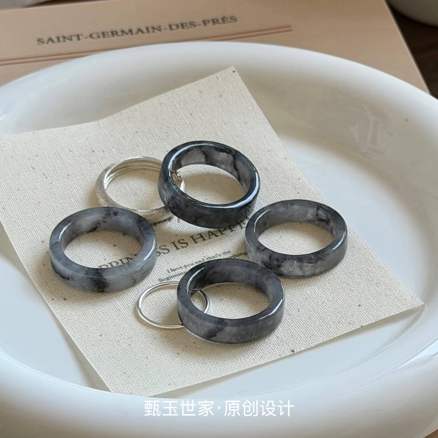 天然翡翠戒指乌鸡戒戒指直切方戒男女通用水墨画玉指环情侣戒圈