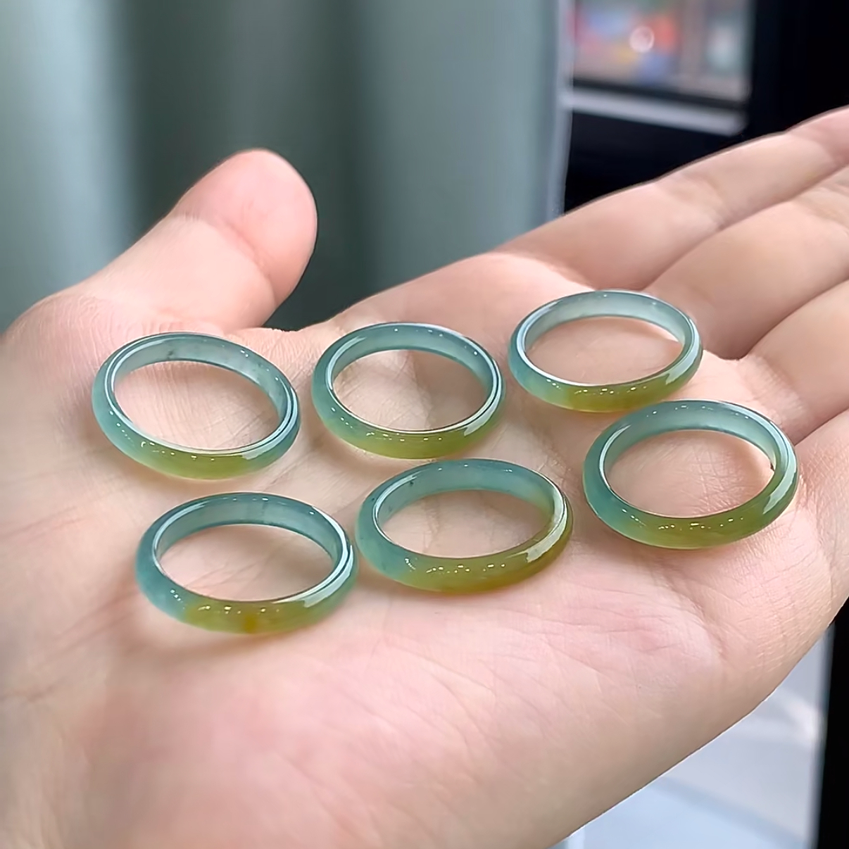 天然正品一口糖翡翠戒指蓝水翡翠戒指细款男女时尚玉石指环