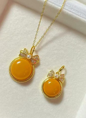 天然蜜蜡吊坠925银镶在逃公主项链鸡油黄蛋面蜜蜡吊坠项链