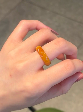 天然翡翠黄翡翠戒指女黄玉石素圈指环环戒指个性旺财戒指