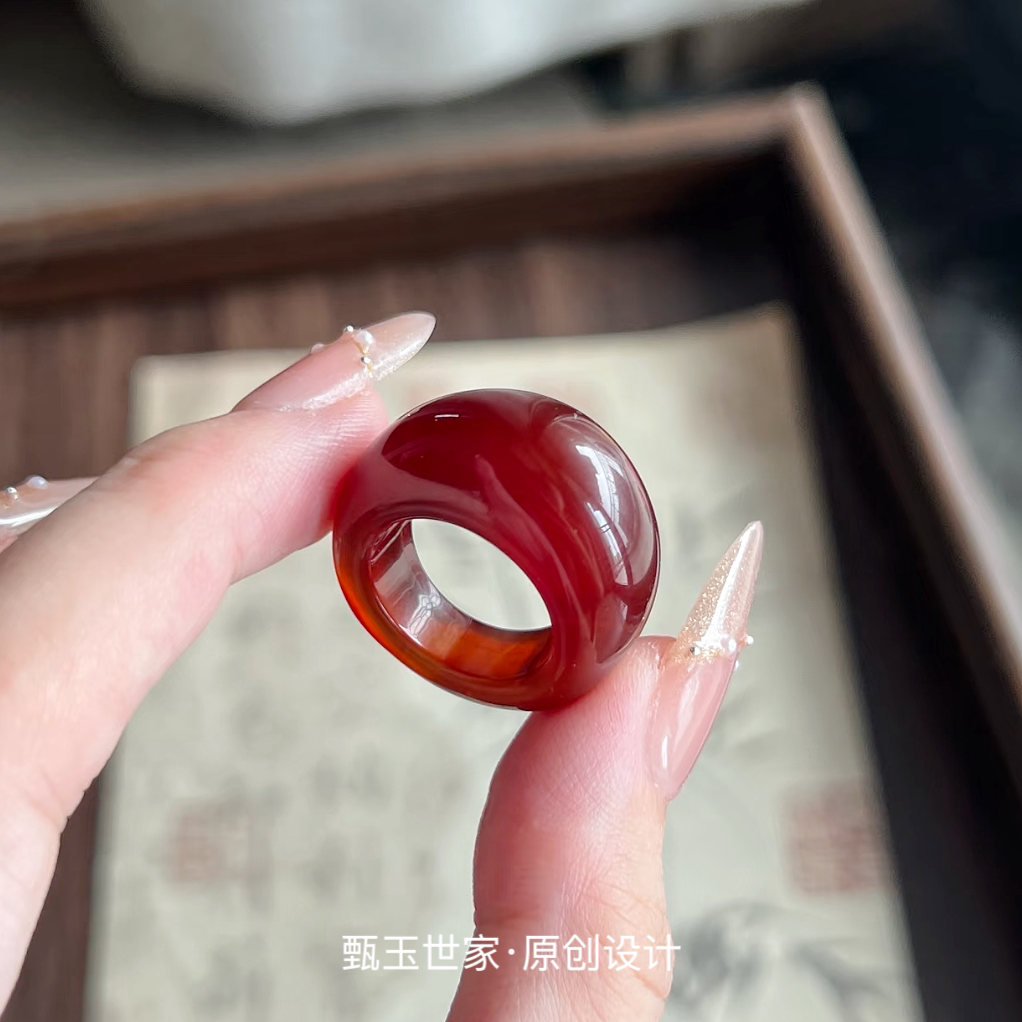 红玛瑙玉戒指水滴聚财霸气扳指小众男女食指时尚个性玉石宽大饰品