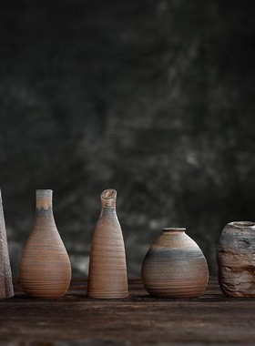 陶瓷花瓶日式陶瓷老岩泥花器茶桌花瓶粗陶禅意中式铜钱草家居摆件