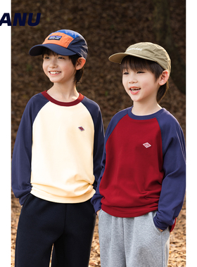 加绒保暖 MANUKIDS童装男童25秋冬撞色插肩中大童打底衫长袖T恤