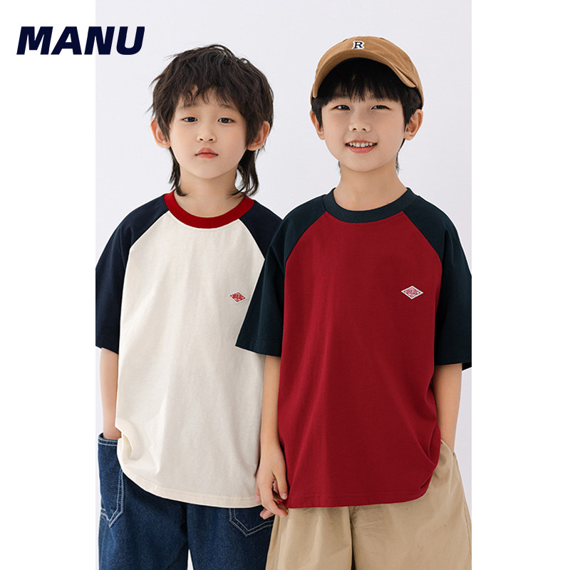 MANUKIDS复古拼接插肩袖短袖T恤