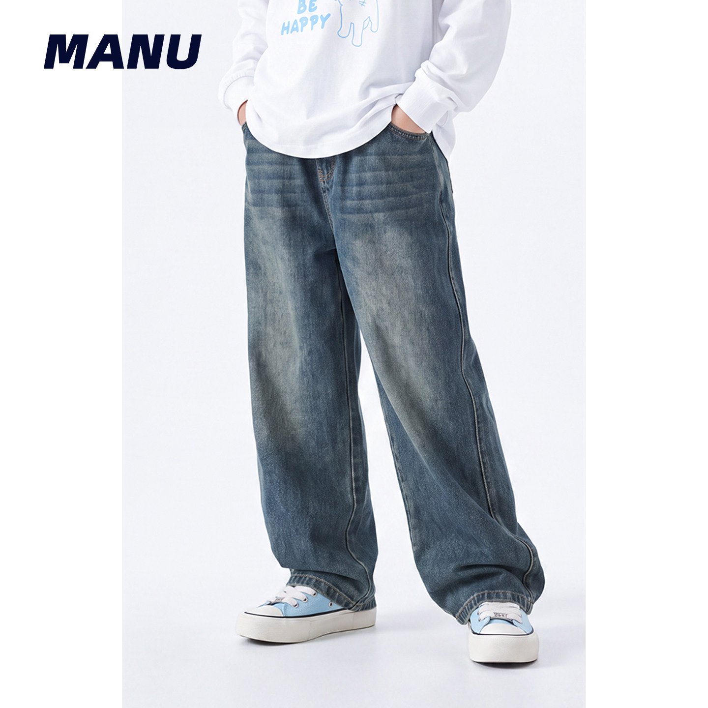 MANUKIDS童装男童26秋季复古水洗直筒阔腿宽松日系中大童牛仔裤