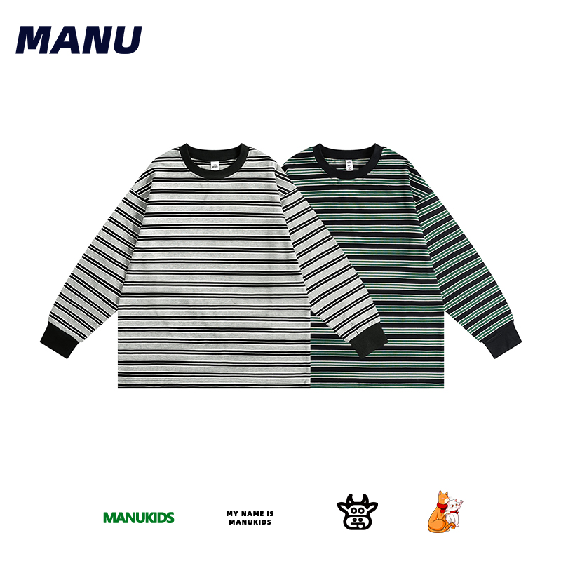 复古撞色条纹宽松长袖T恤