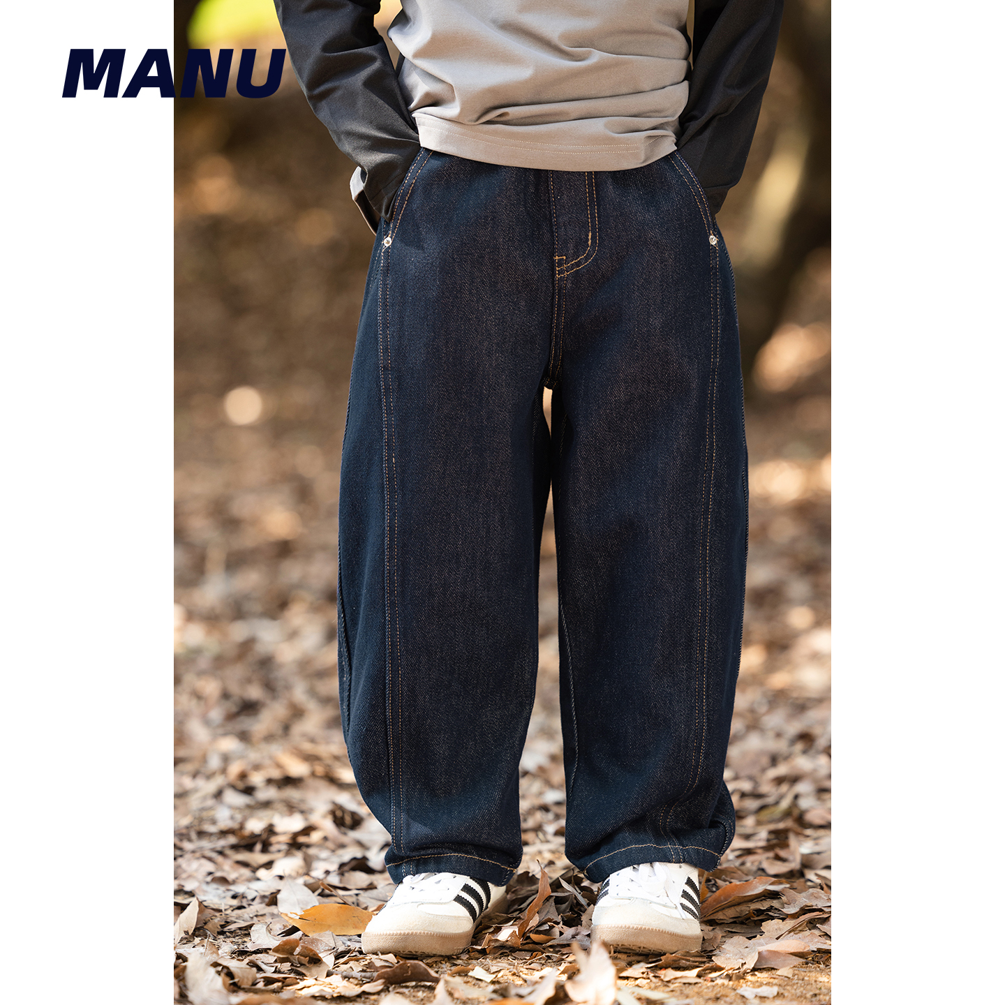 明线复古环保阔腿直筒牛仔裤