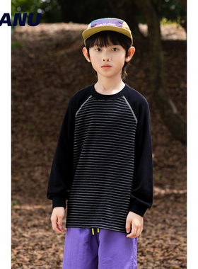 MANUKIDS童装男童25秋冬羊绒条纹保暖插肩打底衫中大童长袖T恤