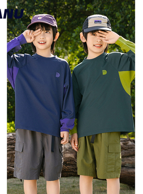 速干 MANUKIDS童装男童25秋季山系撞色拼接宽松日系中大童长袖T恤