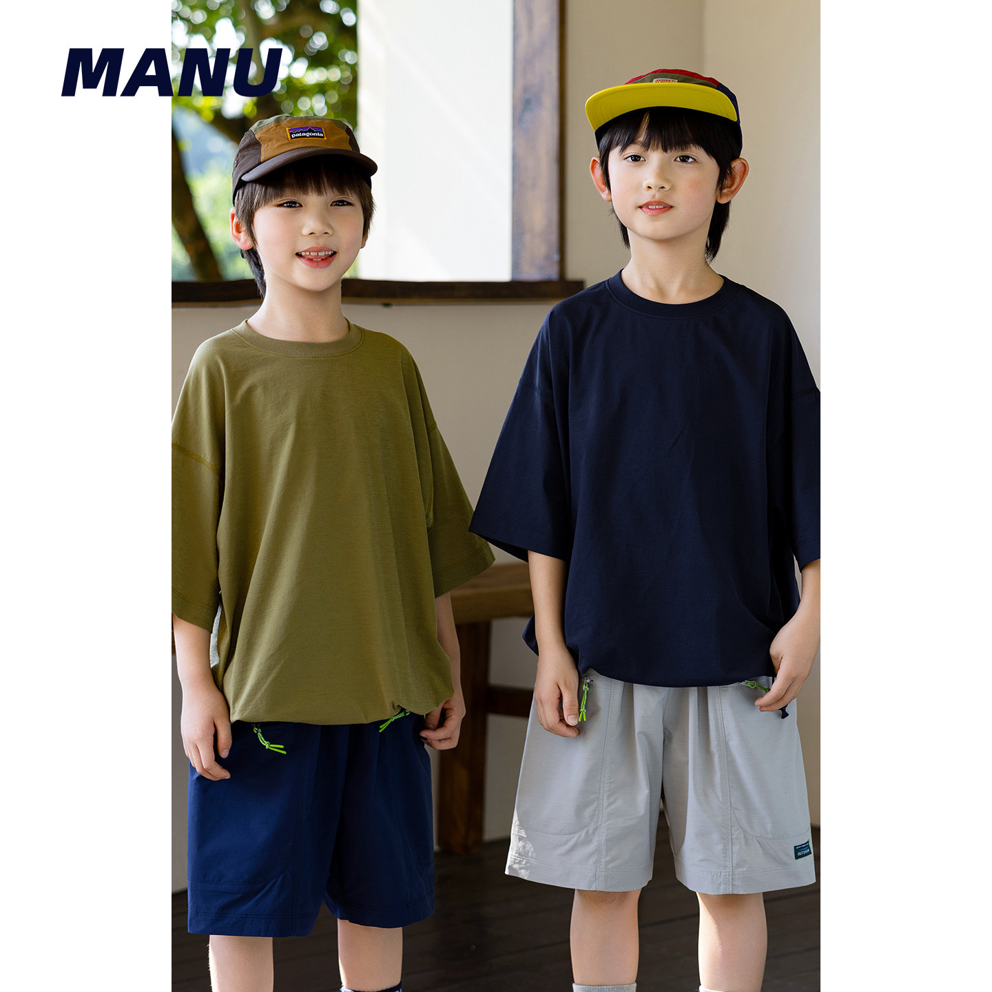 速干 MANUKIDS童装男童26夏季纯色简约抽绳宽松透气中大童短袖T恤