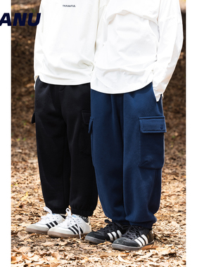 加绒保暖 MANUKIDS童装男童25冬季纯色口袋束脚中大童运动休闲裤