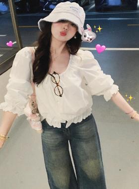 白色泡泡袖长袖衬衫女2024秋季新款设计感甜美风蕾丝花边短款上衣