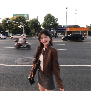 机车服上衣 高级感鹿皮绒短款 美拉德复古棕色长袖 夹克外套女秋冬款